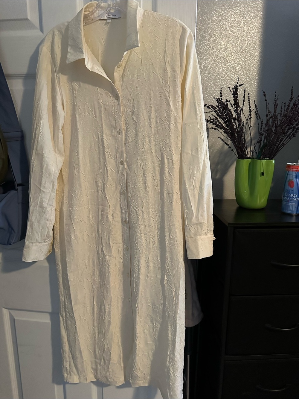 L'Academie Cream Textured Long-Sleeve Button Shirt Dress